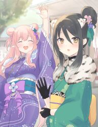 Rule 34 | 2girls, :d, ^ ^, animal ear fluff, animal ears, animal print, arm up, black gloves, black hair, blurry, blurry background, blush, breasts, brown eyes, closed eyes, commentary request, depth of field, double bun, facing viewer, fur collar, gloves, green kimono, gucchiann, hair between eyes, hair bun, hatsune (new year) (princess connect!), hatsune (princess connect!), highres, japanese clothes, kimono, long hair, long sleeves, looking at viewer, medium breasts, multiple girls, obi, open mouth, pink hair, princess connect!, purple kimono, sash, shiori (princess connect!), single side bun, smile, tiger ears, tiger print, very long hair, wide sleeves