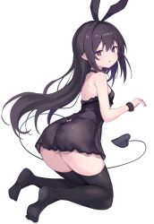 Rule 34 | 1girl, absurdres, asktyuni, ass, bare shoulders, black bow, black hair, black nightgown, black scrunchie, black thighhighs, bow, breasts, clothing cutout, commentary, demon girl, demon tail, feet, floating hair, from side, hair between eyes, hair bow, highres, long hair, looking back, nightgown, no shoes, original, parted lips, pointy ears, purple eyes, scrunchie, simple background, sleepwear, small breasts, soles, solo, tail, tail through clothes, thighhighs, very long hair, white background, wrist scrunchie