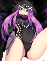 Rule 34 | 1girl, armor, ass, black cape, black leotard, breastplate, cameltoe, cape, collar, covered navel, expressionless, fate/grand order, fate (series), from below, highres, hood, leg up, leotard, long hair, looking down, medusa (fate), medusa (lancer) (fate), medusa (rider) (fate), purple eyes, purple hair, rider, solo, spread legs, thighs