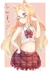 Rule 34 | 1girl, :t, adjusting hair, animal ears, bad id, bad twitter id, blonde hair, blue eyes, cat ears, commentary, crop top, glasses, highres, long hair, midriff, navel, neckerchief, neko sensha, original, pout, solo, stomach, translated, two-tone background