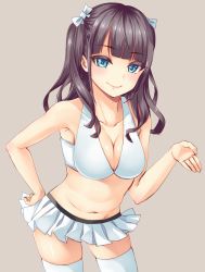 Rule 34 | 1girl, arios (orochi yuta), blue eyes, blunt bangs, breasts, brown hair, cleavage, crop top, grey background, hand on own hip, highres, long hair, looking at viewer, medium breasts, navel, original, pink background, shiny skin, simple background, skindentation, smile, solo, stomach, thighhighs, white thighhighs