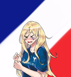 Rule 34 | 1girl, 2018 fifa world cup, alternate costume, blonde hair, drawing on another&#039;s face, closed eyes, fifa, french flag, hair between eyes, kantai collection, kuroinu9, long hair, richelieu (kancolle), soccer, soccer uniform, solo, sportswear, world cup