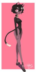 Rule 34 | 1girl, 2019, absurdres, animal ears, ballet slippers, black footwear, black hair, black leotard, bob cut, border, cat ears, cat tail, collar, colo (nagrolaz), female focus, full body, furry, furry female, highres, leotard, looking at viewer, original, pink background, pink eyes, short hair, simple background, solo, standing, tail, white border