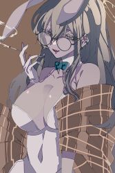 Rule 34 | 1girl, absurdres, akane (blue archive), akane (bunny) (blue archive), animal ears, blue archive, breasts, brown background, cigarette, coat partially removed, covered navel, detached collar, ear piercing, fake animal ears, fangs, flat color, glasses, gloves, grey hair, hair between eyes, hand up, highres, holding, holding cigarette, large breasts, leotard, long eyelashes, long hair, looking at viewer, open mouth, piercing, playboy bunny, rabbit ears, simple background, smile, smoke, solo, upper body, white gloves, white leotard, xm o n ox
