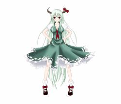 Rule 34 | 1girl, blush, bow, breasts, cleavage, dress, ex-keine, female focus, frown, full body, gmot, green eyes, green hair, hands on own hips, highres, horn ornament, horn ribbon, horns, kamishirasawa keine, large breasts, long hair, matching hair/eyes, red eyes, ribbon, simple background, solo, touhou, very long hair, white background