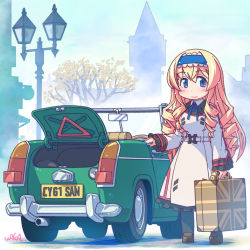 Rule 34 | 1girl, blonde hair, blue eyes, blue hairband, car, cecilia alcott, commentary request, commission, dress, full body, hairband, highres, infinite stratos, infinite stratos academy school uniform, lamppost, long hair, looking at viewer, motor vehicle, school uniform, skeb commission, solo, suitcase, union jack, vehicle focus, waka (sagi), white dress
