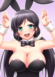 Rule 34 | 10s, 1girl, animal ears, bare shoulders, blush, bow, bowtie, breasts, caramelldansen, cleavage, detached collar, fake animal ears, green eyes, large breasts, long hair, looking at viewer, love live!, love live! school idol project, open mouth, playboy bunny, purple hair, rabbit ears, smile, solo, surume (clavis), tojo nozomi, twintails, upper body, wrist cuffs