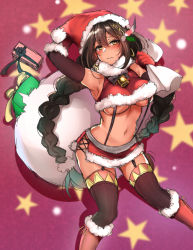 Rule 34 | 1girl, armpits, azur lane, bell, black hair, blush, boots, bow, box, braid, breasts, brown eyes, christmas, crop top, earrings, elbow gloves, embarrassed, feather hair ornament, feathers, frown, fur trim, garter straps, gift, gift box, gloves, hair ornament, hat, hoop earrings, jewelry, large breasts, long hair, mitsugi, native american, navel, revealing clothes, sack, santa costume, santa hat, skirt, solo, south dakota (azur lane), star (symbol), thighhighs, twin braids, underboob, very long hair