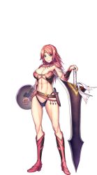 Rule 34 | 1girl, abs, armor, big sword, bikini armor, black panties, blue eyes, boots, breasts, cleavage, full body, gloria (sennen sensou aigis), highres, knife, large breasts, legs, long hair, looking at viewer, navel, oversized object, panties, pink hair, sennen sensou aigis, shield, shoulder pads, smile, solo, standing, sword, thighs, thong, transparent background, underwear, weapon, white background