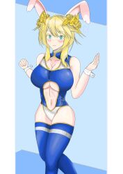 Rule 34 | 1girl, absurdres, animal ears, artoria pendragon (all), artoria pendragon (fate), artoria pendragon (lancer) (fate), belly, blonde hair, blue background, blue leotard, blush, breasts, cleavage, crallylystia, crown, fate/grand order, fate (series), green eyes, hair between eyes, hair bun, highres, large breasts, leotard, navel, parted lips, rabbit ears, saber (fate), self-upload, simple background, sweat, swimsuit, thighhighs, underboob, wrist cuffs