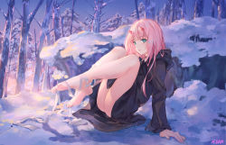 Rule 34 | 10s, 1girl, aqua eyes, artist name, ass, atdan, bad id, bad pixiv id, bandages, bare legs, barefoot, blush, bottomless, coat, commentary, darling in the franxx, day, feet, hood, horns, legs up, long hair, long sleeves, looking at viewer, outdoors, pink hair, sitting, sky, smile, snow, solo, straight hair, tree, winter, winter clothes, zero two (darling in the franxx)