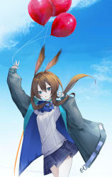 Rule 34 | 0 (znanimo), 1girl, amiya (arknights), animal ear fluff, animal ears, arknights, balloon, black jacket, blue eyes, blue neckwear, blue skirt, blue sky, brown hair, cloud, commentary, day, hair between eyes, highres, jacket, long hair, long sleeves, low ponytail, open clothes, open jacket, outdoors, pleated skirt, ponytail, puffy long sleeves, puffy sleeves, rabbit ears, shirt, skirt, sky, sleeves past wrists, solo, symbol-only commentary, very long hair, white shirt