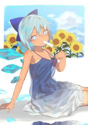Rule 34 | 1girl, arm support, bare shoulders, berabou, blue eyes, blue hair, blush, body blush, cirno, dress, flower, food, hidden star in four seasons, highres, ice, ice wings, looking at viewer, popsicle, ribbon-trimmed dress, short hair, sitting, solo, sundress, sunflower, sweat, tan, tanline, tanned cirno, touhou, wings
