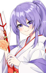 Rule 34 | 1girl, absurdres, alternate costume, alternate hairstyle, arrow (projectile), blush, closed mouth, hakama, hakama skirt, hamaya, highres, hololive, hololive indonesia, japanese clothes, long hair, looking at viewer, miko, moona hoshinova, ponytail, purple eyes, purple hair, sen karumag, simple background, skirt, smile, solo, upper body, virtual youtuber, white background, wide sleeves