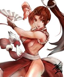 Rule 34 | 1girl, bare shoulders, breasts, brown eyes, brown hair, hand fan, folding fan, highres, large breasts, md5 mismatch, pelvic curtain, ponytail, resized, shiranui mai, sideboob, solo, sowel (sk3), the king of fighters