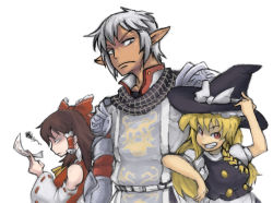 Rule 34 | 00s, 1boy, 2girls, apron, blonde hair, breasts, buront, buttons, dress, expressionless, final fantasy, final fantasy xi, hakurei reimu, hat, height difference, kirisame marisa, large breasts, multiple girls, pointy ears, puffy short sleeves, puffy sleeves, short sleeves, simple background, teruki, the iron of yin and yang, touhou, upper body, waist apron, white background, witch hat