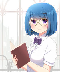 Rule 34 | 1girl, absurdres, blue hair, blush, book, bow, bowtie, center frills, closed mouth, collared shirt, commentary, frills, glasses, highres, holding, holding book, ikazu401, looking at viewer, looking to the side, open book, original, puffy short sleeves, puffy sleeves, purple bow, purple bowtie, purple eyes, round eyewear, shirt, short sleeves, smile, solo, white shirt