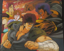 Rule 34 | 80s, age difference, angry, bat (hokuto no ken), battle, brown hair, couple, fight, fighting, fire, fire, hokuto no ken, jacket, kaioh (hokuto no ken), kenshiro, leather, leather jacket, lin (hokuto no ken), muscular, muscular male, official art, oldschool, purple hair, red eyes, red hair, retro artstyle, scar, scar across eye, scar on face, thick eyebrows, worried