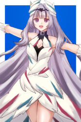 Rule 34 | 1girl, bare shoulders, black choker, black hair, blue hair, breasts, choker, cleavage, commentary request, dress, feather hair ornament, feathers, fire emblem, fire emblem engage, grey hair, hair ornament, hazuki (nyorosuke), highres, long hair, looking at viewer, multicolored hair, nintendo, petite, purple eyes, small breasts, smile, solo, two-tone hair, very long hair, veyle (fire emblem), wavy hair