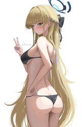 Rule 34 | 1girl, absurdres, ass, bikini, black bikini, black bow, blonde hair, blue archive, blue eyes, blue hair, blue halo, blue nails, blush, bow, braid, breasts, closed mouth, commentary, dubeaduver, fingernails, hair bow, halo, highres, long hair, looking at viewer, medium breasts, multicolored hair, nail polish, simple background, solo, swimsuit, toki (blue archive), twitter username, two-tone hair, v, very long hair, white background