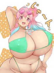 Rule 34 | 1girl, :3, absurdres, bikini, blue hair, bouncing breasts, breasts, covered erect nipples, cowboy shot, curvy, dot nose, eyelashes, female focus, flower, gigantic breasts, glasses, glasses on head, green bikini, gyaru, hair between eyes, hair flower, hair ornament, heart, heart glasses, highres, hozuki kaede, long hair, looking at viewer, matching hair/eyes, multicolored hair, navel, onii-chan wa oshimai!, open mouth, pink eyes, pink hair, pink pupils, plump, shiny clothes, shiny skin, shiruhiya, side ponytail, smile, solo, standing, star (symbol), swimsuit, two-tone hair, underboob, white background, wide hips