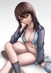 Rule 34 | 1girl, absurdres, artist name, bikini, bikini under clothes, black socks, blue bikini, blue jacket, breasts, brown eyes, brown hair, caiman pool, cleavage, closed mouth, collarbone, feet out of frame, girls und panzer, hair between eyes, hand on own cheek, hand on own face, head tilt, highres, jacket, knee up, kneehighs, large breasts, long sleeves, looking at viewer, mika (girls und panzer), open clothes, open jacket, simple background, sitting, smile, socks, solo, striped bikini, striped clothes, swimsuit, thighs, track jacket, white background