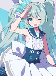 Rule 34 | 1girl, ;d, absurdres, armpits, blue archive, bracelet, commentary request, green eyes, green hair, hair between eyes, halo, hatsune miku, highres, idol, idol clothes, jewelry, long hair, looking at viewer, one eye closed, open mouth, salute, sidelocks, simple background, sleeveless, smile, solo, twintails, uhouhogorigori, vocaloid