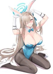 Rule 34 | 1girl, animal ear hairband, animal ears, asuna (blue archive), asuna (bunny) (blue archive), blue archive, blue bow, blue bowtie, blue leotard, blush, bow, bowtie, breasts, commentary request, detached collar, fake animal ears, gloves, grey eyes, grey hair, hair over one eye, hairband, halo, highres, large breasts, leotard, long hair, looking at viewer, mole, mole on breast, okara, pantyhose, playboy bunny, rabbit ear hairband, rabbit ears, simple background, sitting, smile, solo, strapless, strapless leotard, very long hair, white background, white gloves, white hairband