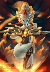 Rule 34 | 1girl, alternate costume, bow (weapon), fire, glowing, glowing eyes, kindred (league of legends), lamb (league of legends), league of legends, mask, monster, rinrindaishi, shadowfire kindred, weapon, wolf (league of legends)