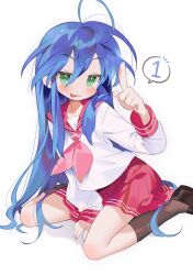 Rule 34 | 1girl, :3, :p, absurdres, ahoge, between legs, black socks, blue hair, blush, bright pupils, closed mouth, commentary, double-parted bangs, foot out of frame, green eyes, hair between eyes, hair over shoulder, hair spread out, hand between legs, hand up, highres, index finger raised, izumi konata, jitome, kneehighs, loafers, long hair, long sleeves, looking at viewer, lucky star, miniskirt, mole, mole under eye, neckerchief, pink neckerchief, pleated skirt, red skirt, school uniform, seoji, serafuku, shirt, shoes, sidelocks, simple background, sitting, skirt, smile, socks, solo, speech bubble, tongue, tongue out, very long hair, wariza, white background, white shirt
