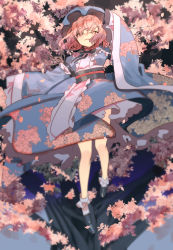 Rule 34 | 1girl, absurdres, blue kimono, blurry, cherry blossoms, depth of field, floral print, full body, hat, highres, japanese clothes, kimono, looking at viewer, mob cap, obi, one-hour drawing challenge, pink eyes, pink hair, saigyouji yuyuko, sash, shi chimi, short hair, solo, touhou, wide sleeves
