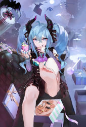 Rule 34 | 1girl, barefoot, bat (animal), black dress, black nails, blue eyes, blue hair, blue nails, borrowed design, box, cake, candy, commentary, couch, cream, cupcake, detached sleeves, dragon horns, dress, feet, feet up, finger to mouth, food, foot focus, foreshortening, full moon, furrowed brow, gift, gift box, grin, halloween, hatsune miku, highres, holding, holding food, horns, jack-o&#039;-lantern, kazo (apap023451), lollipop, long hair, moon, nail polish, night, open box, purple sleeves, silhouette, sitting, sleeveless, sleeveless dress, smile, solo, toenail polish, toenails, torn clothes, torn dress, twintails, vocaloid