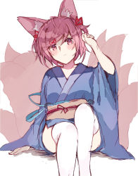 Rule 34 | 1girl, animal ear fluff, animal ears, az 37331m, blue kimono, blush, doki doki literature club, fox ears, fox tail, frown, hair ornament, hair ribbon, hairclip, hand up, head tilt, highres, japanese clothes, kemonomimi mode, kimono, looking at viewer, multiple tails, natsuki (doki doki literature club), obi, pink eyes, pink hair, red ribbon, ribbon, sash, short hair, simple background, sitting, sketch, solo, tail, thighhighs, two side up, white background, white thighhighs, wide sleeves