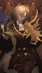 Rule 34 | 1girl, absurdres, animal ears, arknights, ascot, bar (place), black coat, black nails, book, braid, brown eyes, brown hair, coat, cocktail glass, cup, drinking glass, gauntlets, highres, holding, holding book, kira guil, long hair, mole above eye, penance (arknights), single gauntlet, thighhighs