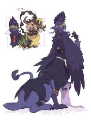 Rule 34 | 2boys, absurdres, animal hands, bird wings, black sclera, black vest, centauroid, claws, colored sclera, colored skin, feather hair, feathered wings, food, fruit, full body, griffin, hands up, head wings, highres, holding, holding scroll, inu fuji, lion tail, looking at viewer, looking back, male focus, monster boy, multiple boys, neck fur, necktie, open mouth, original, purple fur, purple hair, purple skin, purple wings, red necktie, scroll, shadow, short hair, short ponytail, simple background, sitting, tail, tailcoat, talons, taur, vest, watermelon, white background, winged arms, wings, yellow eyes