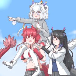 Rule 34 | 3girls, animal ears, black dragon (kemono friends), black hair, blue hair, blush, breast pocket, breasts, carrying, coat, collared shirt, doctor, dragon ears, dragon girl, dragon horns, dragon tail, elbow gloves, extra ears, fingerless gloves, garter straps, gloves, grey eyes, hair between eyes, highres, horns, kemono friends, kemono friends 3, lab coat, large breasts, long hair, long tail, mukouyama mu, multicolored hair, multicolored horns, multiple girls, multiple horns, navel, necktie, open clothes, open coat, open mouth, piggyback, pink horns, pocket, purple horns, red dragon (kemono friends), red eyes, red hair, scale print, scales, shirt, shorts, siblings, sisters, skirt, sleeveless, smile, stethoscope, tail, thighhighs, tied shirt, white coat, white dragon (kemono friends), white hair, yellow horns