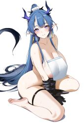 Rule 34 | 1girl, absurdres, areola slip, arknights, ateoyh, bare shoulders, barefoot, black gloves, blue eyes, blue hair, blush, bottomless, breast curtains, breasts, cleavage, commentary request, dragon girl, dragon horns, dragon tail, earrings, gloves, highres, horns, huge breasts, jewelry, ling (arknights), long hair, looking at viewer, multicolored hair, no bra, no panties, pointy ears, simple background, sitting, smile, soles, solo, streaked hair, tail, thigh strap, thighs, very long hair, wariza, white background, white hair