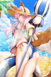 Rule 34 | 1girl, absurdres, animal ears, ashina merou, ass, beach umbrella, bikini, bikini under clothes, blue bikini, breasts, cameltoe, ears through headwear, fate/grand order, fate (series), fox ears, fox tail, graphite (medium), hat, highres, innertube, large breasts, looking at viewer, looking back, mechanical pencil, ocean, open mouth, outdoors, palm tree, parasol, pencil, pink hair, shirt, side-tie bikini bottom, solo, straw hat, sweat, swim ring, swimsuit, tail, tamamo (fate), tamamo no mae (fate/extra), tamamo no mae (swimsuit lancer) (fate), tamamo no mae (swimsuit lancer) (second ascension) (fate), towel, traditional media, tree, umbrella, wet, wet clothes, wet shirt, yellow eyes