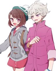 Rule 34 | 1boy, 1girl, arm grab, backpack, bag, bede (pokemon), bracelet, bright pupils, brown eyes, brown hair, cardigan, coat, commentary, creatures (company), dress, frown, game freak, gloria (pokemon), green headwear, grey sweater, half-closed eyes, hat, highres, hood, hood down, jewelry, long sleeves, looking at another, messy hair, nanashiba (banntlla), nintendo, open mouth, pink dress, pokemon, pokemon swsh, purple coat, purple eyes, short dress, short hair, silver hair, simple background, smile, standing, sweatdrop, sweater, swept bangs, tam o&#039; shanter, white background, white pupils