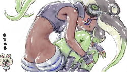 Rule 34 | 2girls, animal ears, ass, boots, butt crack, cephalopod eyes, chinese zodiac, collared vest, colored skin, cropped vest, fingerless gloves, gloves, highres, inkling, koharu2.5, looking at viewer, marina (splatoon), mole, mole under mouth, mouse ears, mouse tail, multicolored skin, multiple girls, nintendo, octoling, pantyhose, pearl (splatoon), pink pupils, splatoon (series), splatoon 2, suction cups, tail, tentacle hair, vest, year of the rat, zipper pull tab