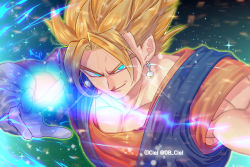 Rule 34 | 1boy, aqua background, aqua eyes, aura, bad id, bad pixiv id, blonde hair, blue background, blurry, blurry background, bokeh, dark background, depth of field, dougi, dragon ball, dragonball z, earrings, energy ball, fighting stance, frown, gloves, glowing, glowing eyes, green background, grin, jewelry, looking at viewer, male focus, multicolored background, muscular, potara earrings, see-through, shaded face, smile, sparkle, spiked hair, super saiyan, super saiyan 1, tarutobi, twitter username, upper body, vegetto, white gloves