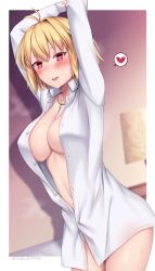 Rule 34 | 1girl, :d, antenna hair, arcueid brunestud, arms up, blonde hair, blush, border, breasts, cleavage, collarbone, collared shirt, cowboy shot, dress shirt, hair between eyes, hair intakes, heart, highres, jewelry, large breasts, long sleeves, naked shirt, necklace, open clothes, open mouth, open shirt, outside border, red eyes, shirt, short hair, smile, solo, soukitsu, speech bubble, spoken heart, standing, tsukihime, twitter username, white border, white shirt, wing collar