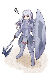 Rule 34 | 1girl, absurdres, alternate costume, armor, armored boots, axe, blush, boots, fire emblem, fire emblem: three houses, full body, gloves, highres, koyashi24, long hair, lysithea von ordelia, nintendo, pink eyes, plate armor, shield, solo, white background, white hair
