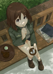 Rule 34 | 1girl, book, breasts, brown eyes, brown hair, cropped jacket, cup, eating, food, from above, green tea, kadomaru misa, looking up, medium breasts, military, military uniform, mouth hold, photo (object), quick10 117117, rikizo, short hair, sitting, smile, solo, strike witches, strike witches: katayoku no majo-tachi, tea, tray, tree shade, uniform, wagashi, world witches series