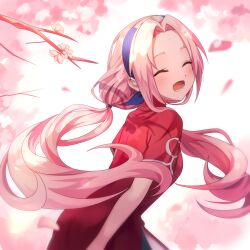 Rule 34 | 1girl, blue headband, cherry blossoms, closed eyes, dress, floating hair, from side, haruno sakura, headband, highres, ille (xcpa7325), long hair, naruto, naruto (series), open mouth, pink hair, red dress, short sleeves, solo, twintails, very long hair