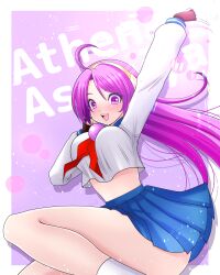 Rule 34 | 1girl, absurdres, arm up, asamiya athena, breasts, hair ornament, hairband, highres, large breasts, long hair, looking at viewer, open mouth, pink hair, psycho soldier, sailor uniform, school uniform, skirt, sky, solo, star (symbol), star hair ornament, the king of fighters
