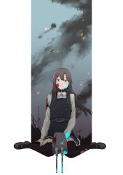 Rule 34 | 1girl, adapted turret, arashio (kancolle), black pantyhose, blood, blood on arm, blood on clothes, blood on face, brown eyes, brown hair, buttons, commentary request, daigaku jitome, dress, frilled dress, frills, highres, kantai collection, long hair, long sleeves, pantyhose, shirt, skirt, suspenders, white shirt