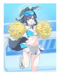 Rule 34 | 1girl, absurdres, animal ears, armpits, black hair, blue archive, blush, breasts, cheering, cheerleader, cleavage, commentary request, dog ears, dog girl, dog tail, half-closed eyes, halo, hibiki (blue archive), hibiki (cheer squad) (blue archive), highres, looking at viewer, medium breasts, midriff, millennium cheerleader outfit (blue archive), navel, official alternate costume, open mouth, pom pom (cheerleading), shikiama, skirt, smile, solo, sticker on face, tail, visor cap