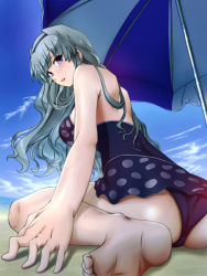 Rule 34 | 1girl, ass, barefoot, beach, breasts, day, emanon123, feet, foreshortening, from behind, from below, grey hair, hairband, idolmaster, idolmaster (classic), large breasts, long hair, looking back, one-piece swimsuit, purple eyes, shijou takane, solo, swimsuit, umbrella