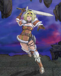 1girl absurdres armored_boots belt boots breasts capelet cleavage dress elf elise_(wizardry) fantasy floating_rock fur-trimmed_boots fur-trimmed_capelet fur-trimmed_dress fur-trimmed_gloves fur_trim gloves headband highres holding holding_sword holding_weapon medium_breasts open_mouth pointy_ears ruins scar scar_on_leg sword tagme teeth upper_teeth_only weapon wizardry wizardry_variants_daphne